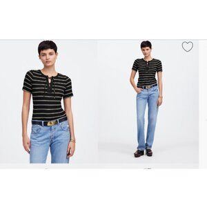Madewell Ribbed Lace-up Black and White Striped Short Sleeve Tee